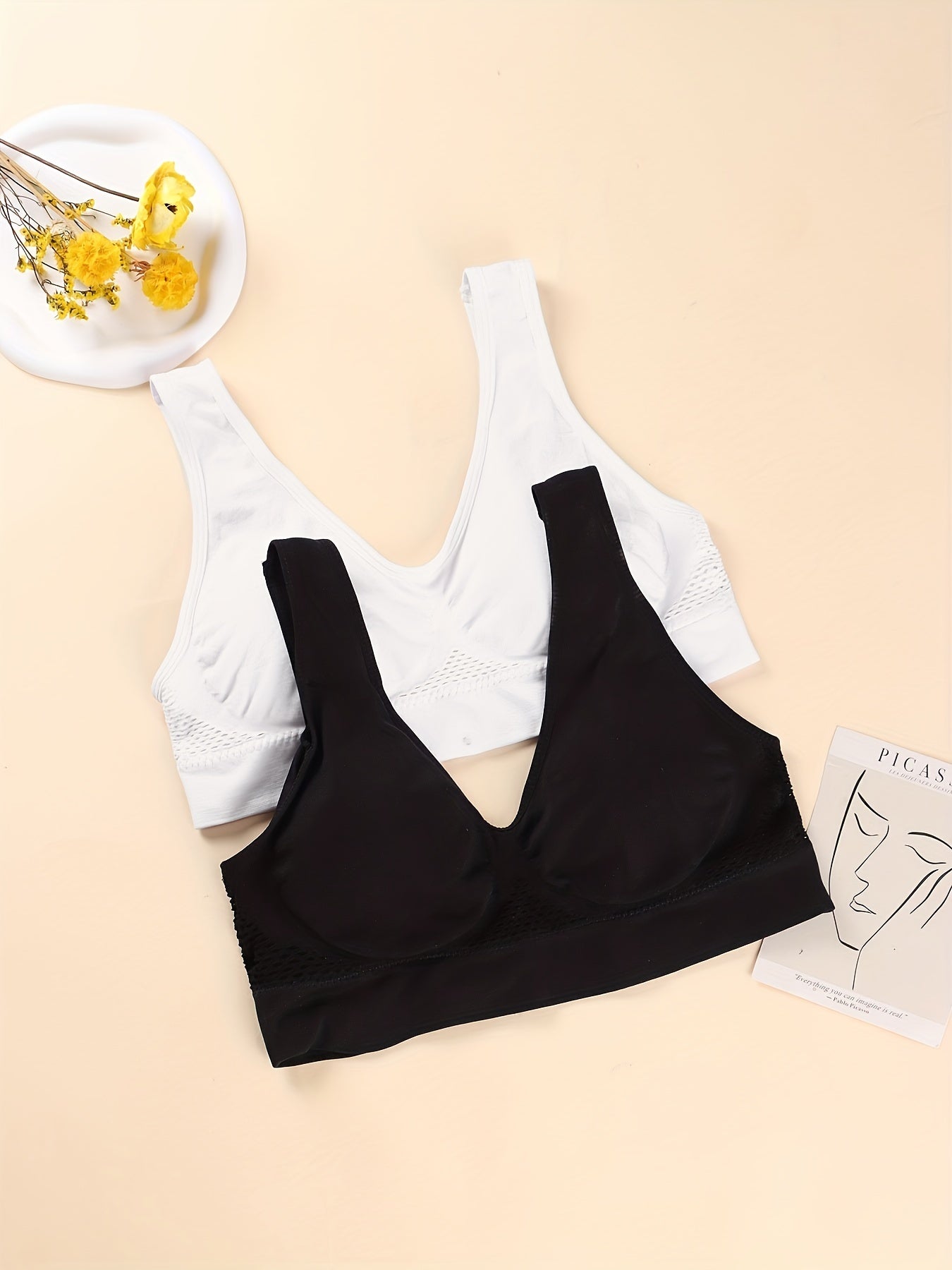 2 Pack Plus Size Sports Bra Women's Plus Solid Contrast Mesh Breathable Tank Bra