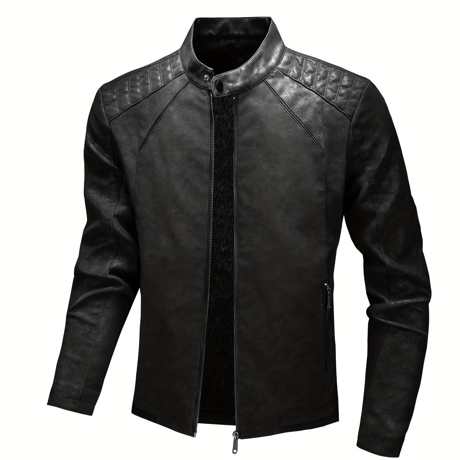 Men's Warm Fleece PU Jacket Casual Leather Coat