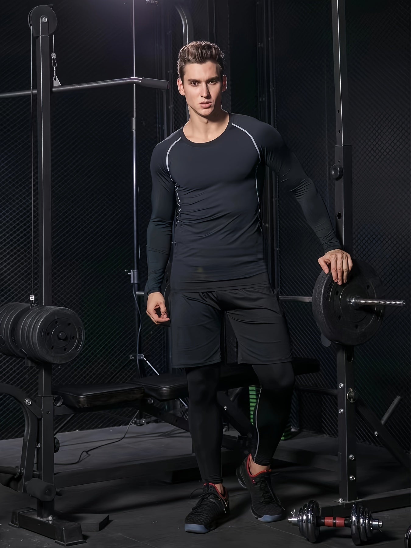 Men's Compression Crew Neck Shirt & Pants 3-Piece Set for Outdoor Fitness