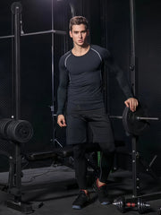 Men's Compression Crew Neck Shirt & Pants 3-Piece Set for Outdoor Fitness