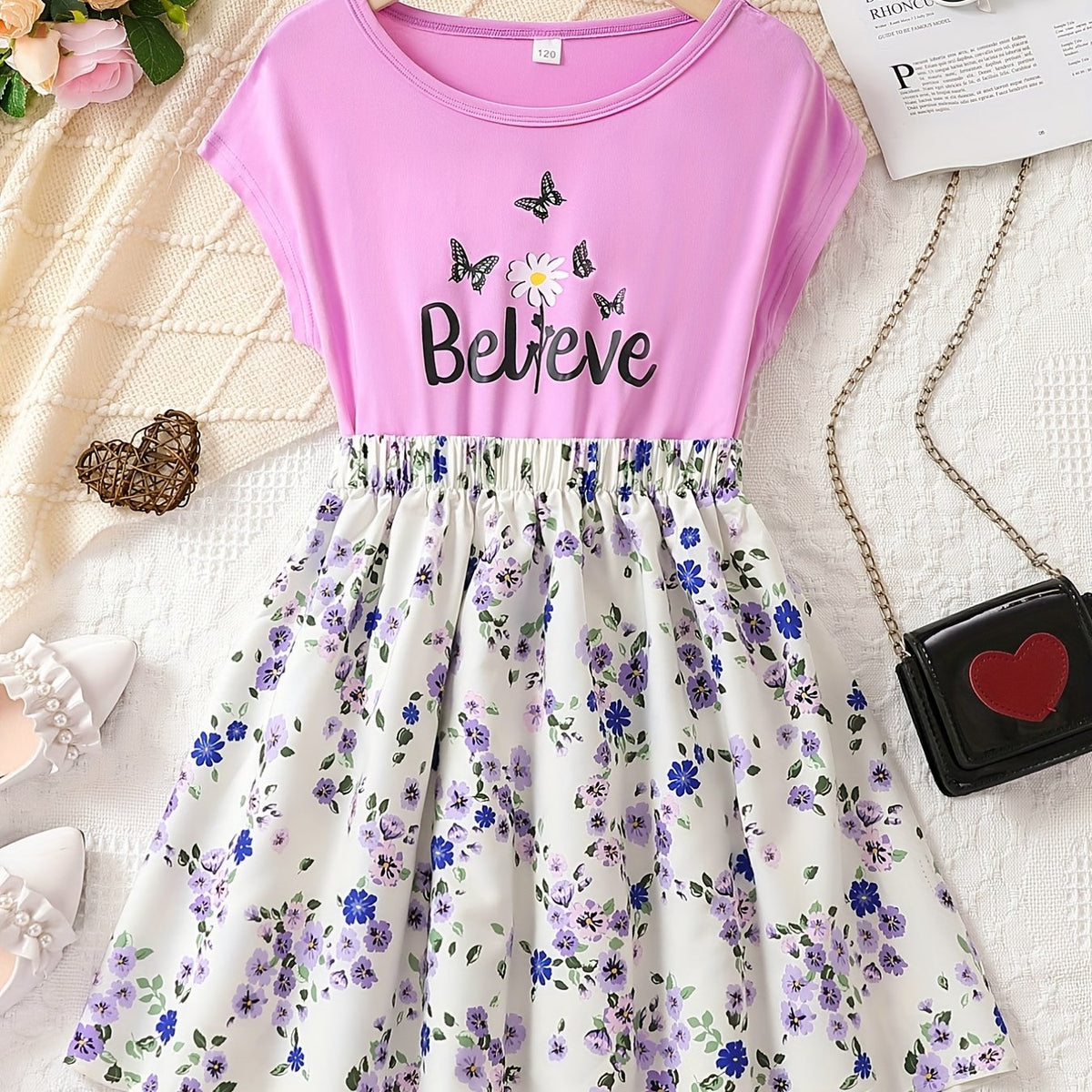 Girls Butterfly & Flowers Graphic Batwing Sleeve Princess Dress