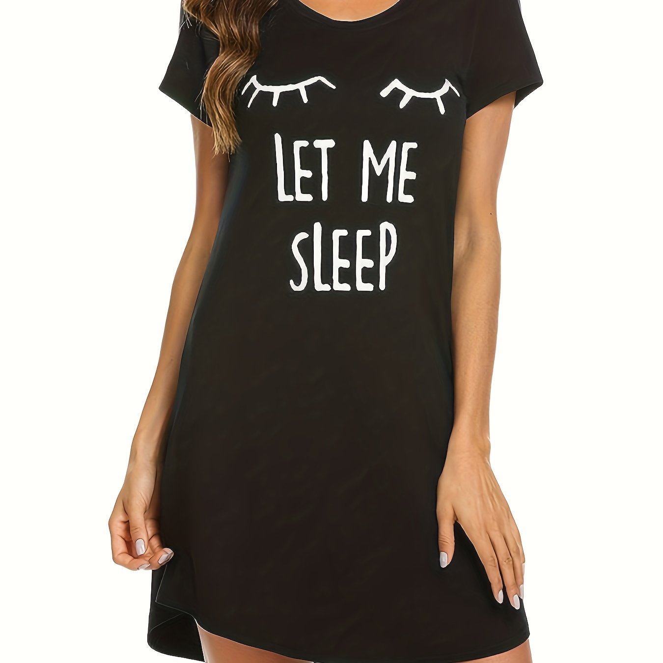 Letter Print NightDress Short Sleeve Crew Neck Pajama Dress