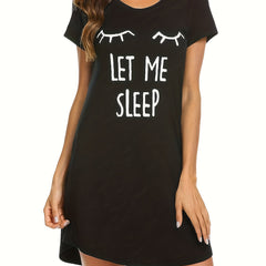 Letter Print NightDress Short Sleeve Crew Neck Pajama Dress