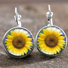Vintage Time Gemstone Glass Earrings Sunflower Tree Butterfly