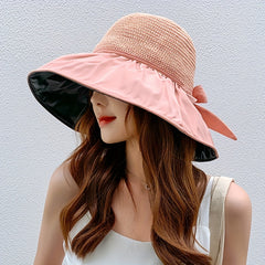 Straw Sun Hat Summer Solid Bowknot Beach Hat Women Breathable Sports Sun Hats