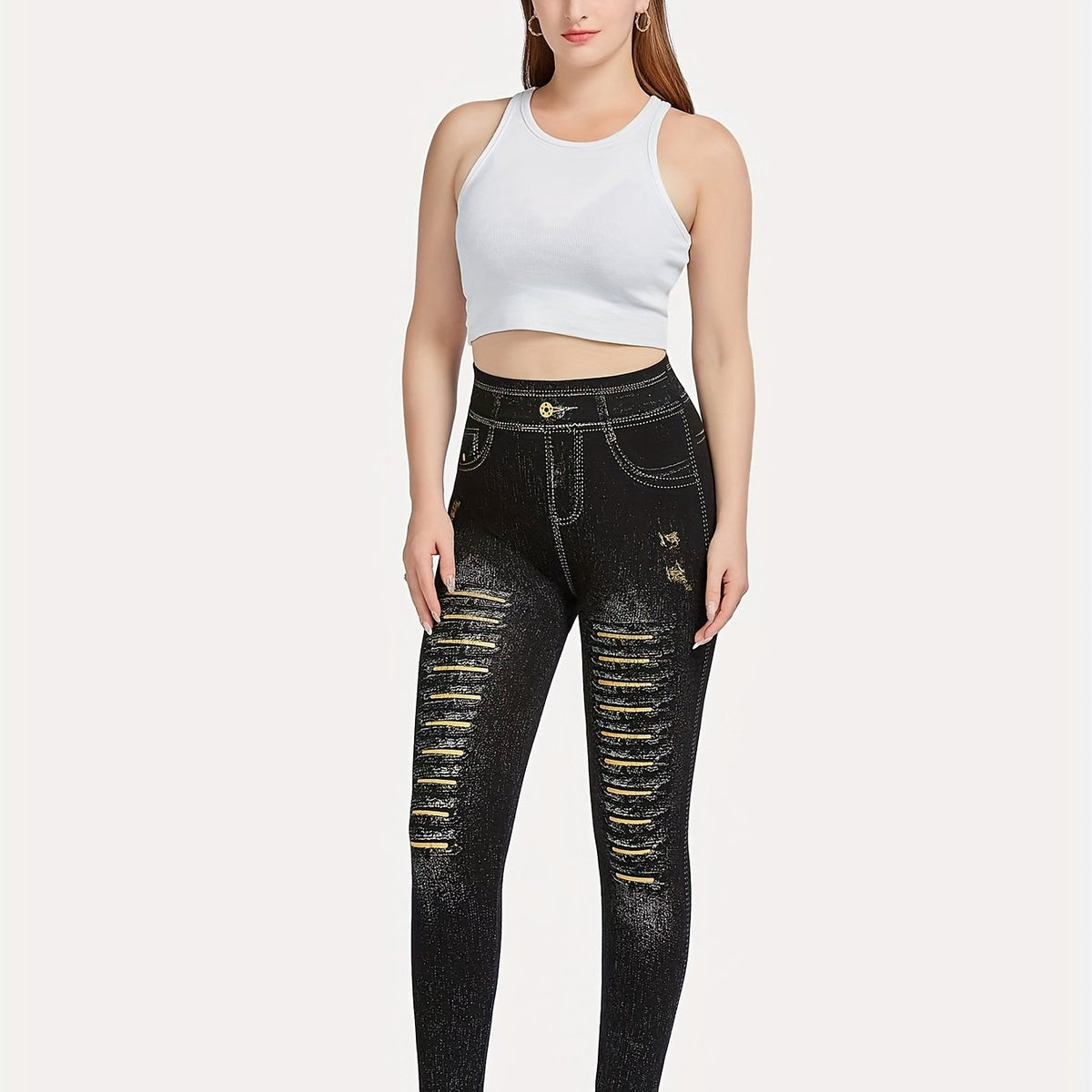Denim Print Skinny Leggings Stretchy Casual Leggings