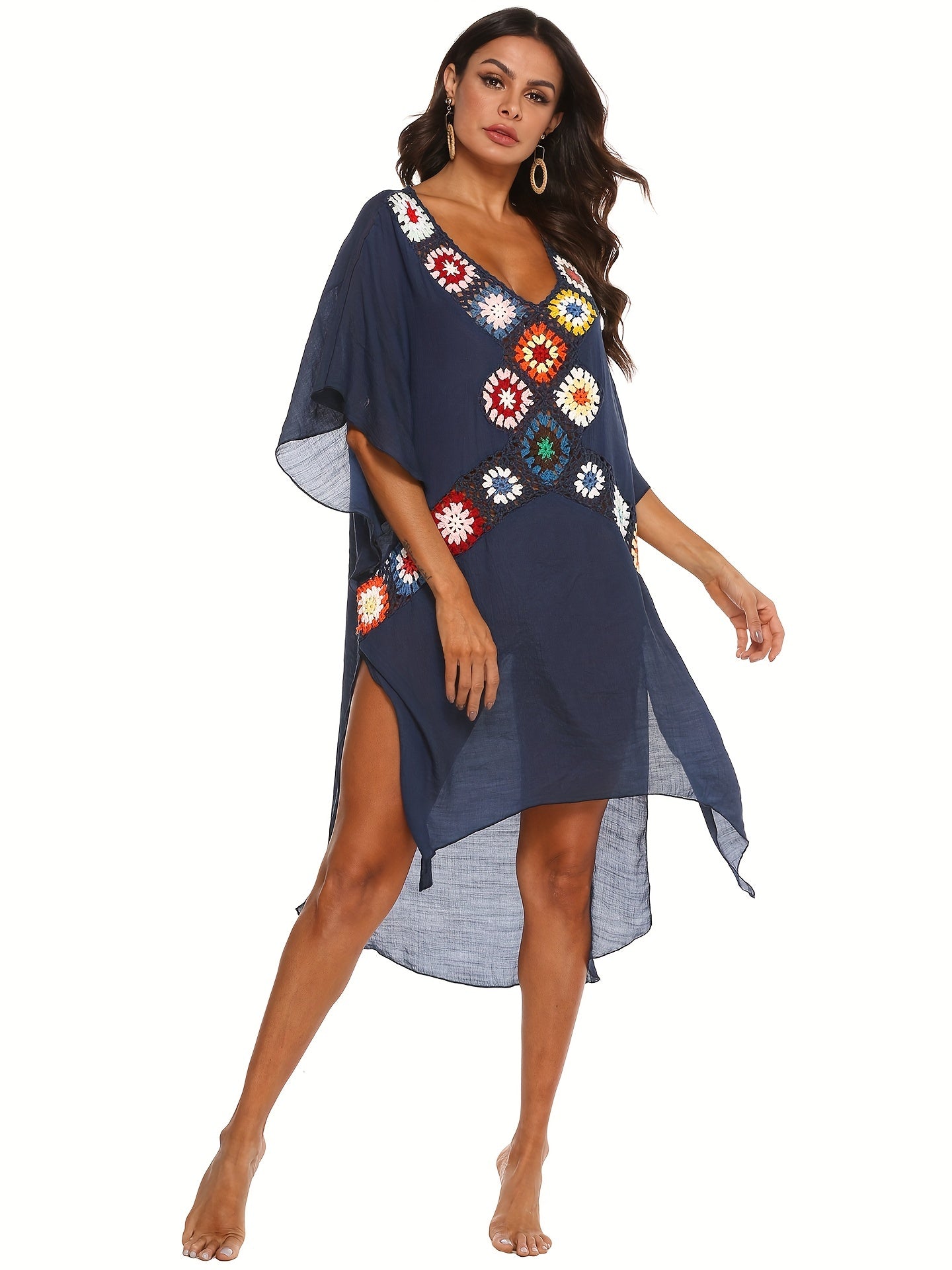 Crochet Floral Decor Beach Dress V Neck Semi Sheer Split Kaftan