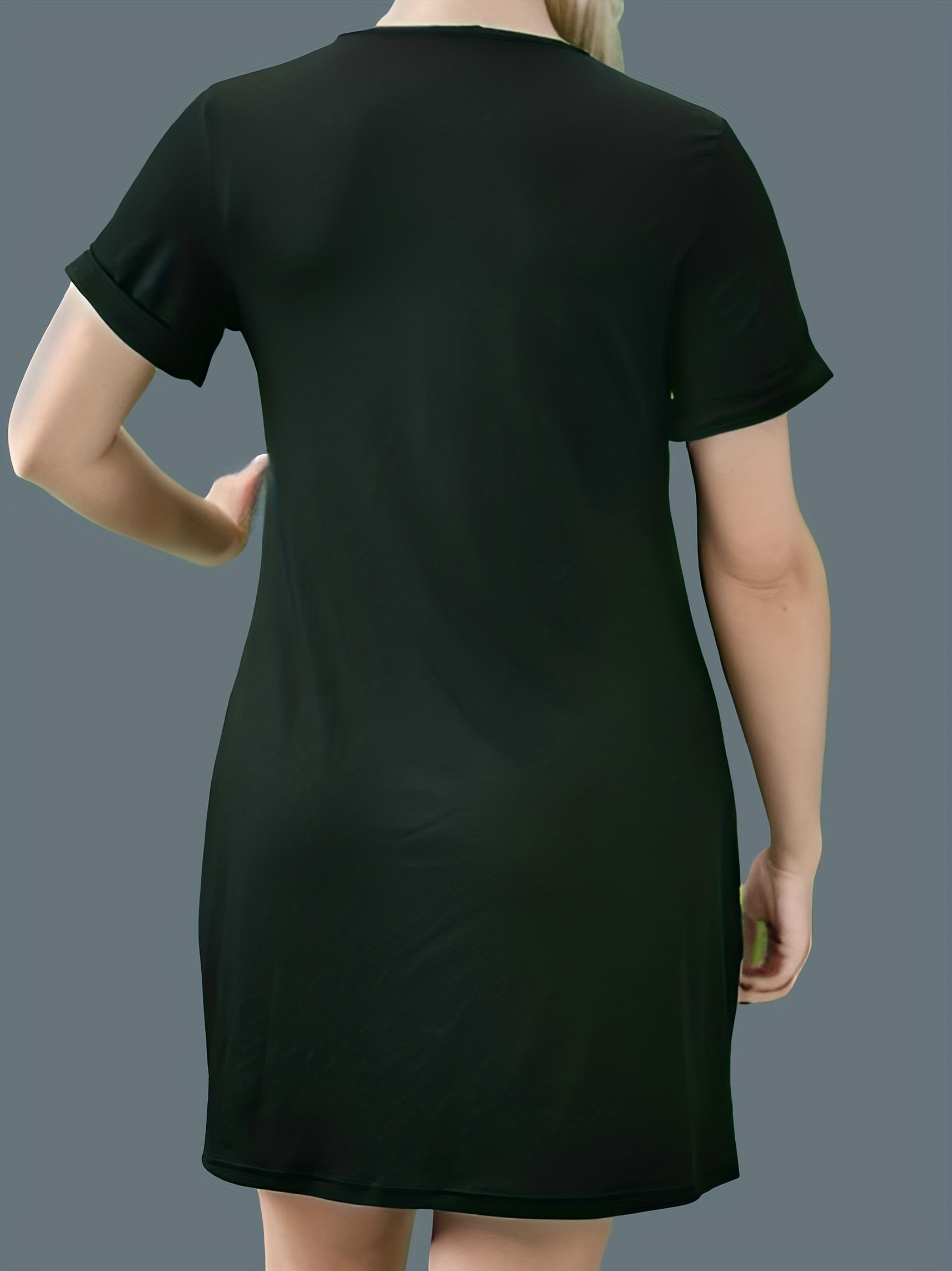  Solid Button Decor Short Sleeve Round Neck Dress