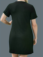  Solid Button Decor Short Sleeve Round Neck Dress