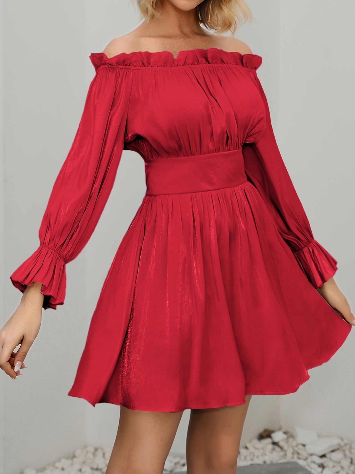 Off Shoulder Lantern Sleeve Bridesmaid Dress Ruffled Trim Pleated Mini Dress