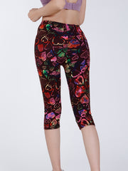 Heart Print Capris Leggings High Waist Elastic Bottoms