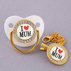 Artificial Diamond I Love Mom Pacifier Chain Clip