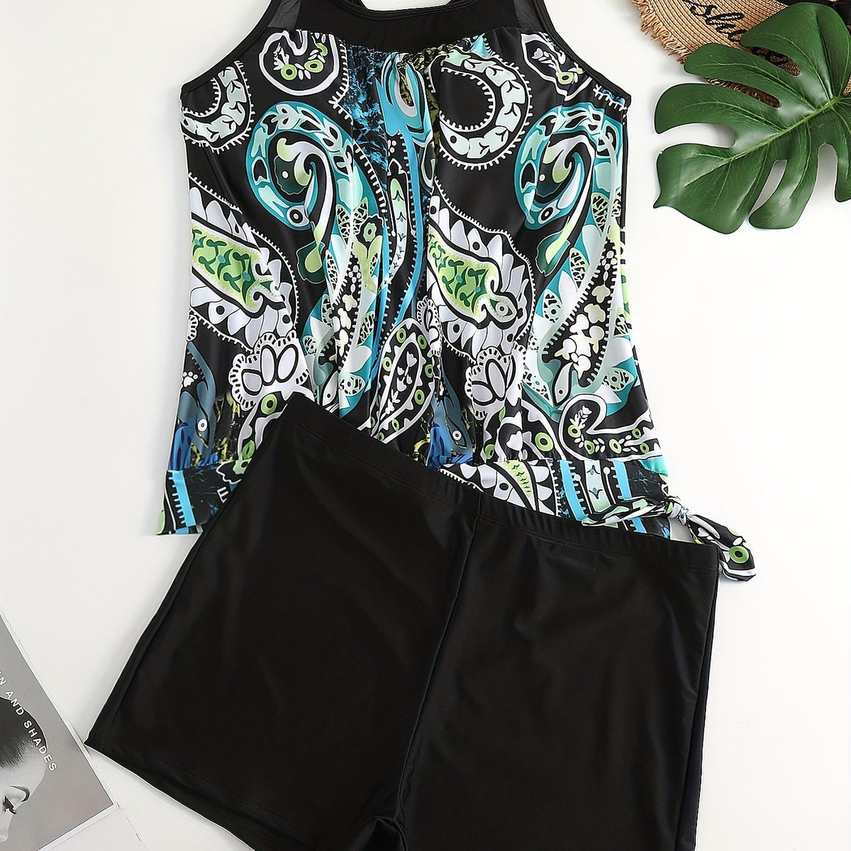  Paisley Print Mesh Tank Top & Shorts Swimsuit Set