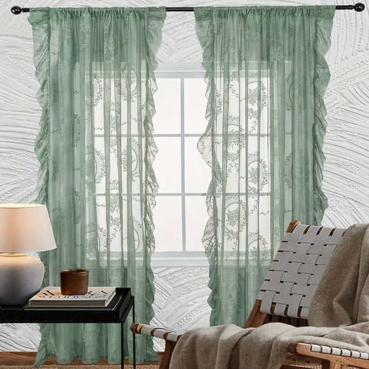 Green Flower Pattern Curtain with Ruffled Edge Rod Pocket