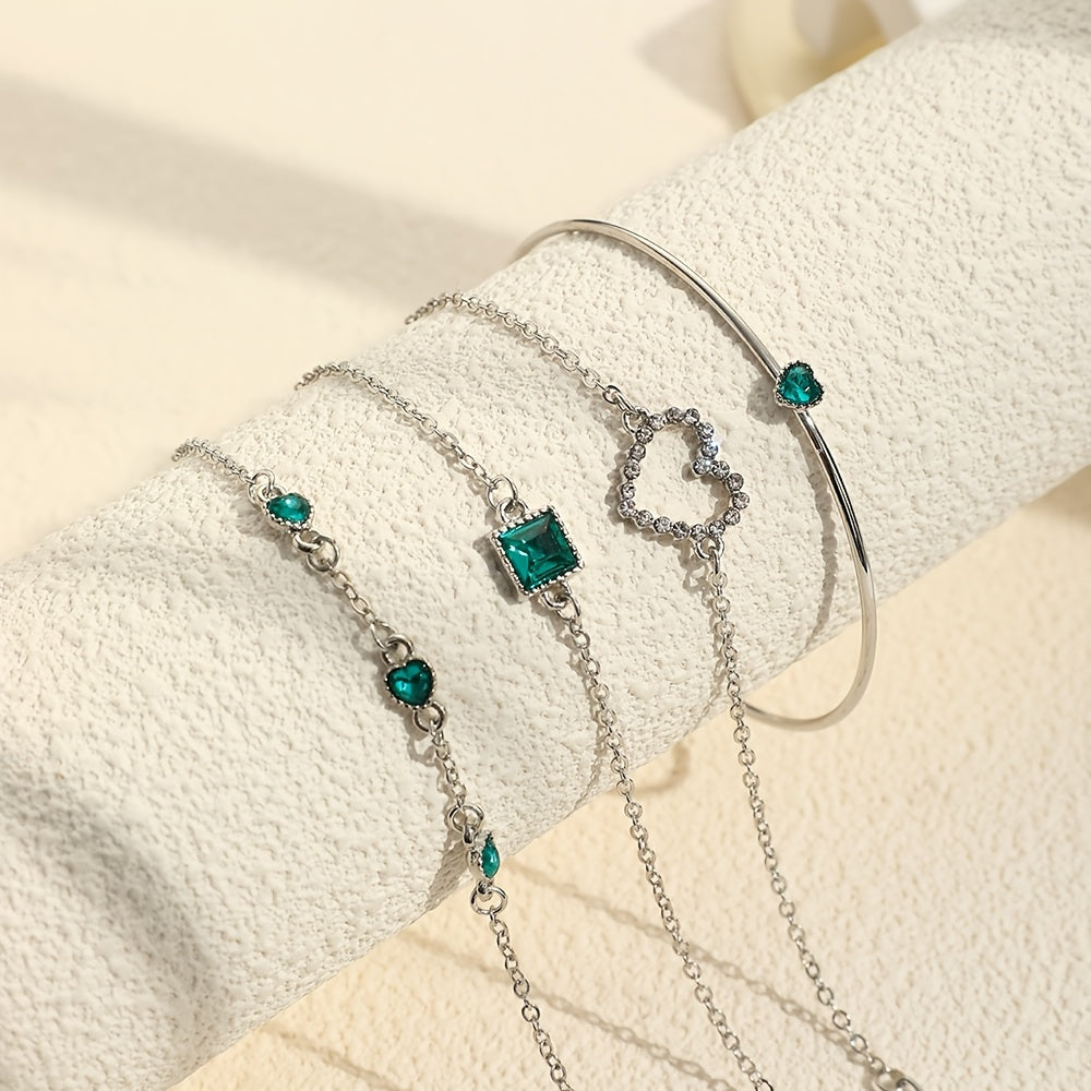 4 Pcs Hollow Chain Bracelet Set Heart Shape Gems Bangle Adjustable Jewelry