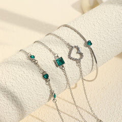 4 Pcs Hollow Chain Bracelet Set Heart Shape Gems Bangle Adjustable Jewelry