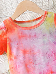 Girls Tie Dye Stretch Dress Short Sleeve Kids Summer Clothes