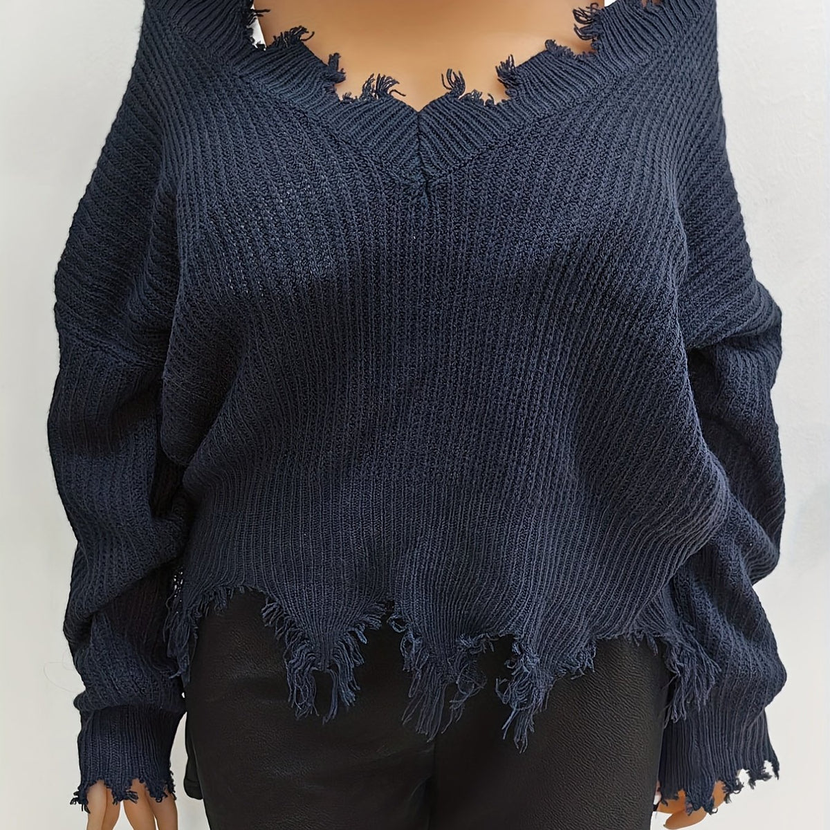  Casual Sweater Women's Plus Solid V Neck Long Sleeve Sweater
