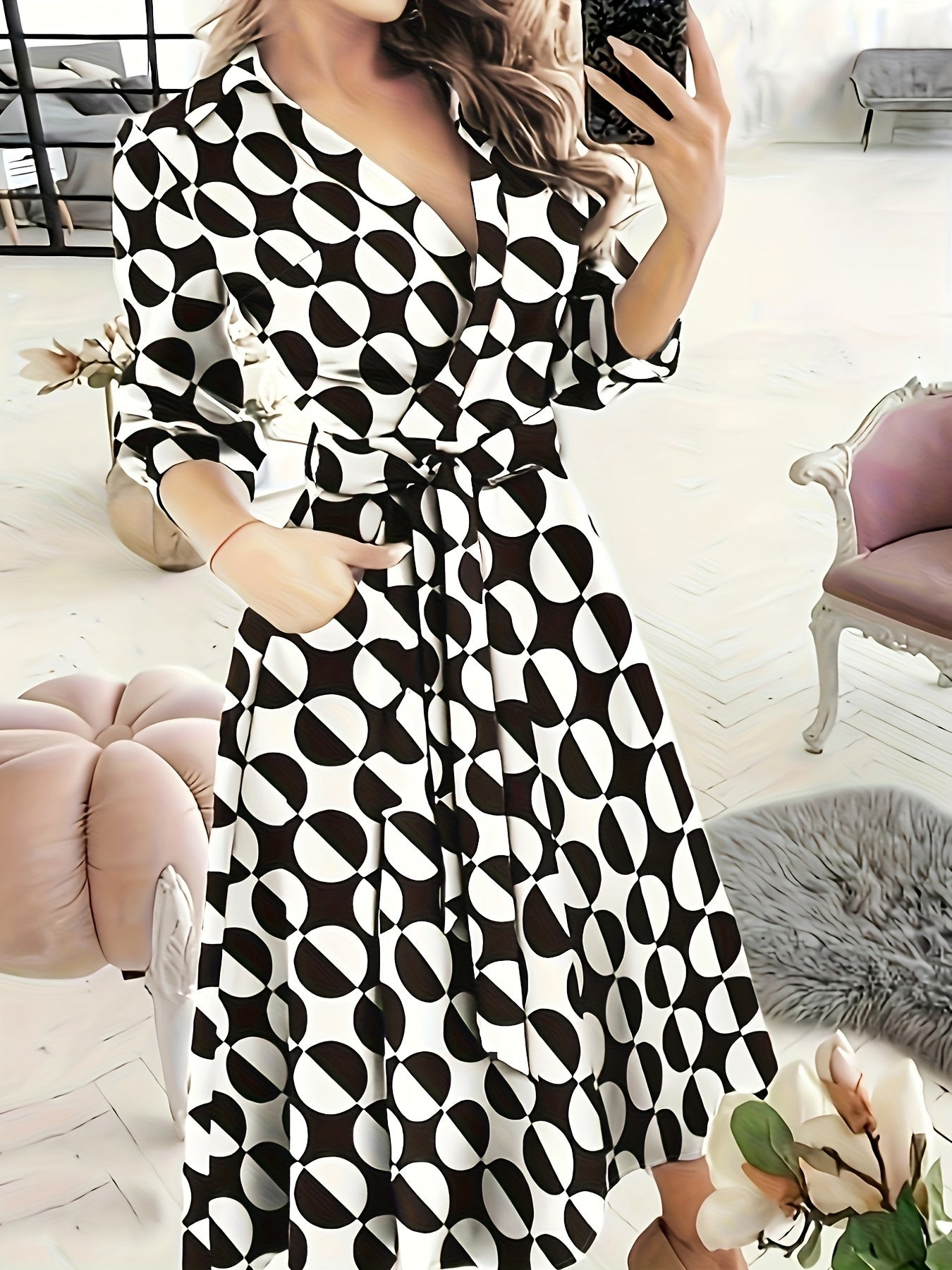  Allover Print Long Sleeve Midi Dress With Belt