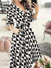  Allover Print Long Sleeve Midi Dress With Belt