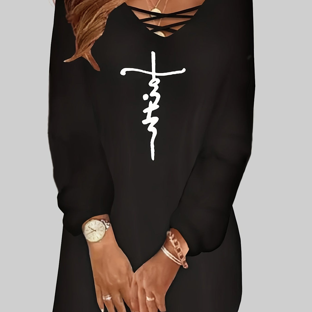  Casual Dress Cross Letter Print Lantern Sleeve Tee Dress