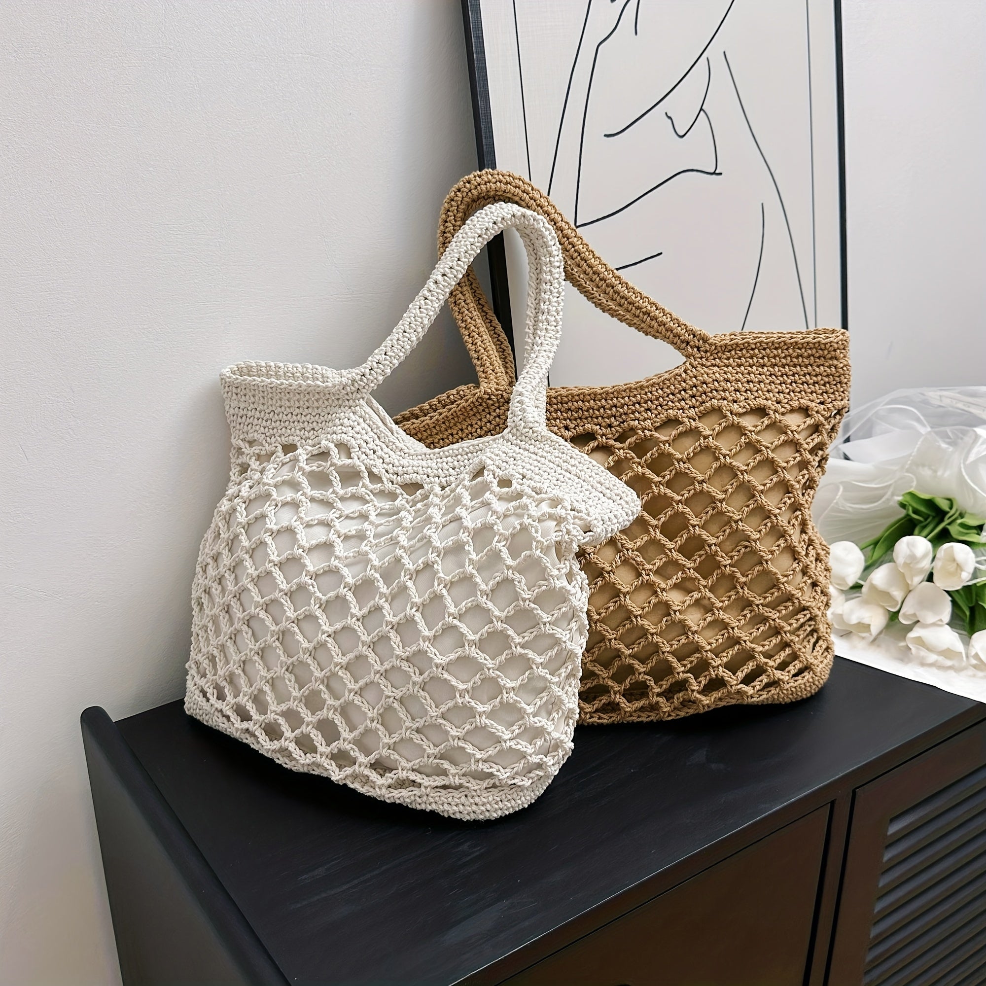 Minimalist Hollow Out Straw Bag Woven Shoulder Bag For Vacation