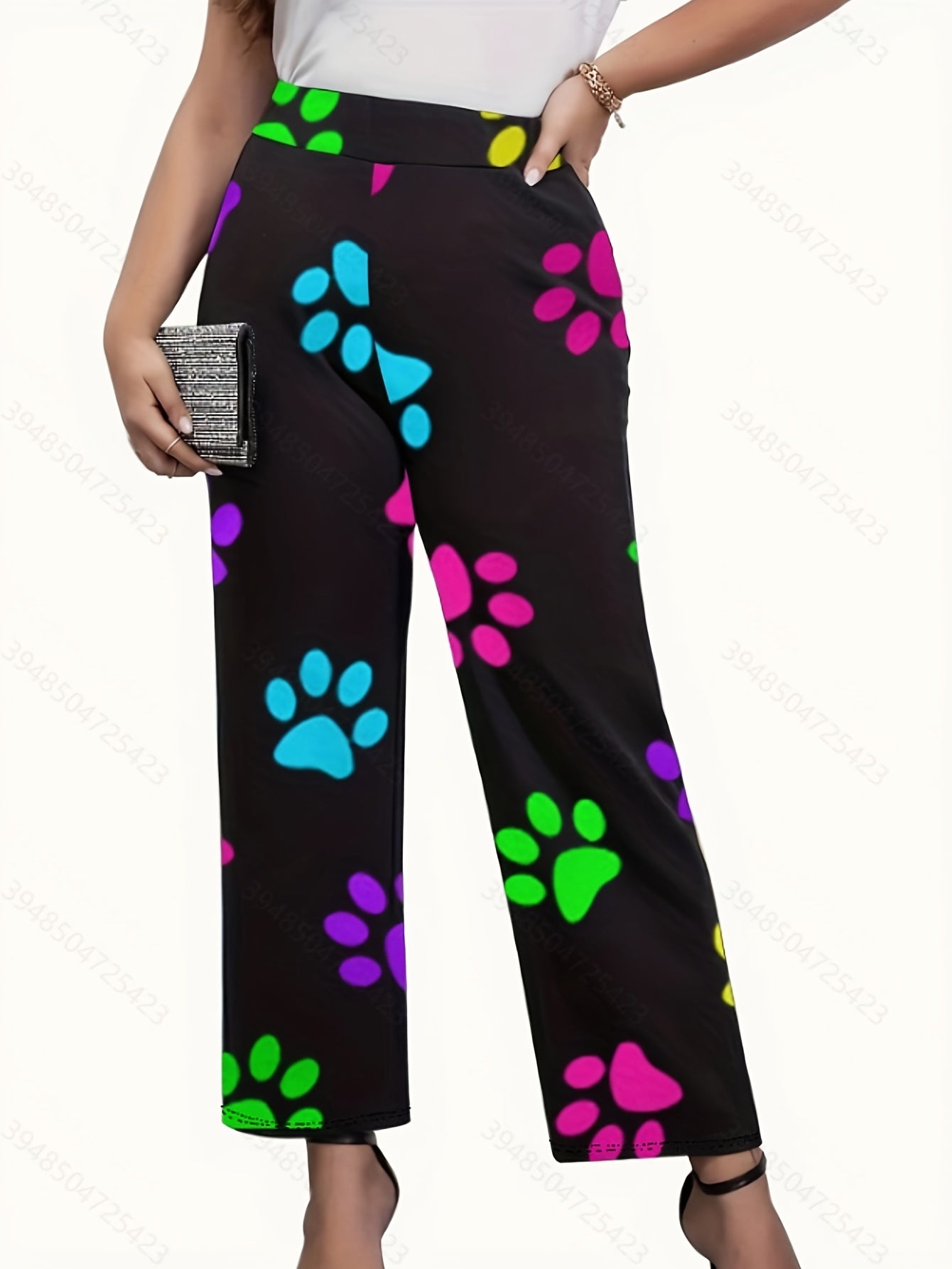  Colorful Paw Print Wide Leg Trousers