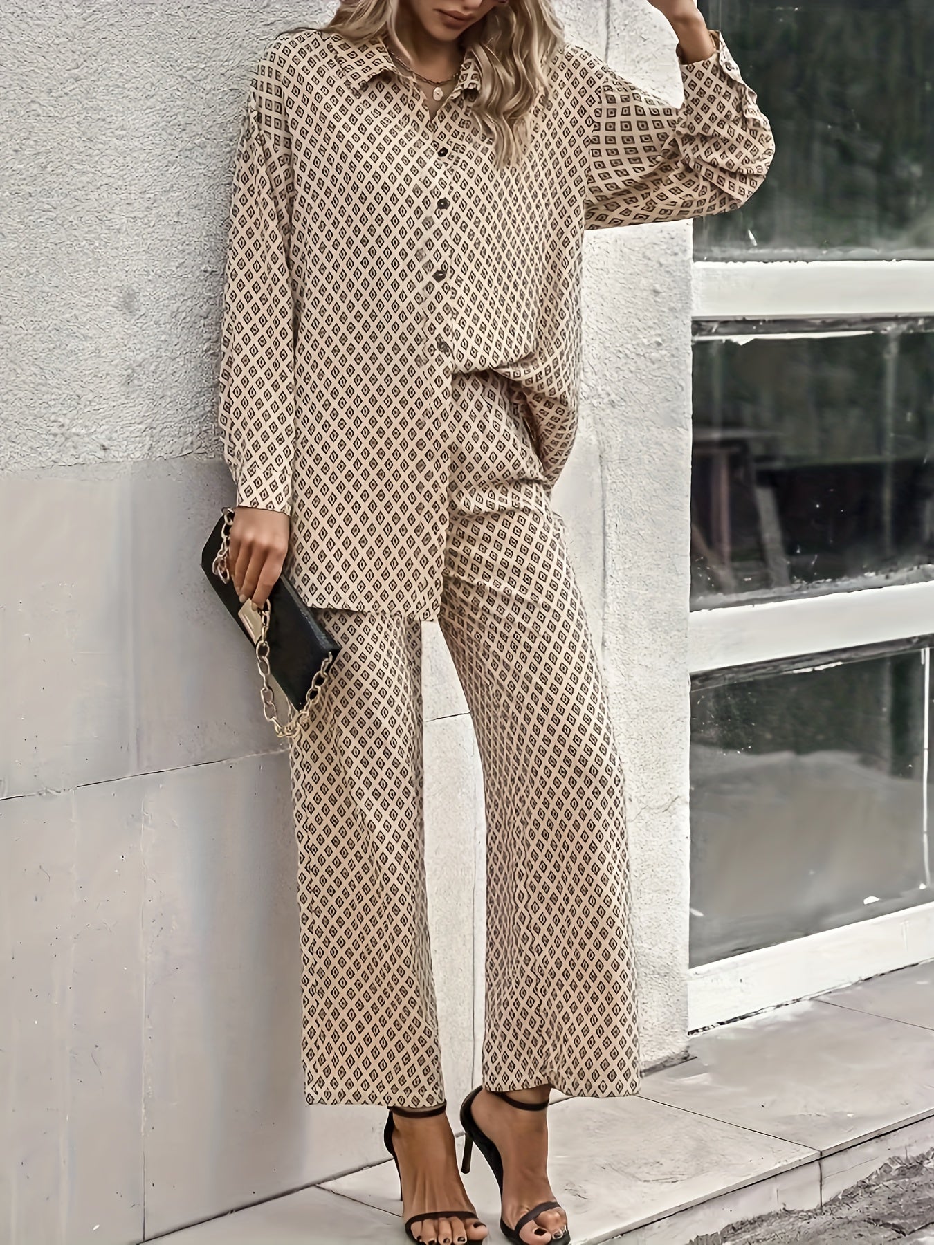 Women's Plus Print Long Sleeve Button Up Shirt & Pants Set