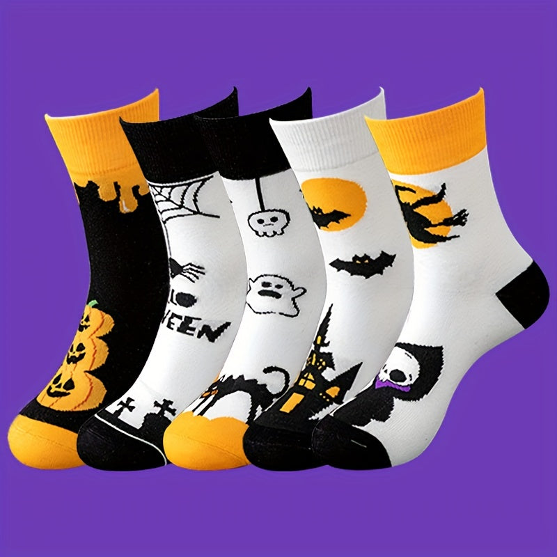 5 Pairs Pumpkin & Skull Print Halloween Socks Women's Stockings