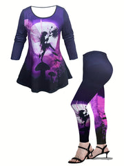 Women's Plus Fairy Print Long Sleeve Tee & Leggings Set