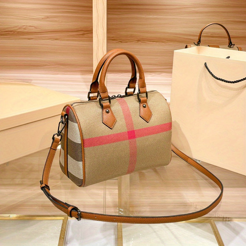 Striped Boston Pillow Handbag Light Brown with Red Accents
