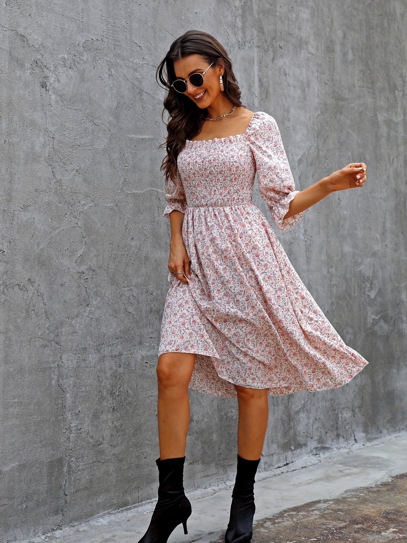 Floral Print Puff Sleeve Shirred Dress Square Neck - Resort Wear