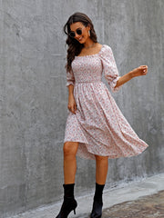 Floral Print Puff Sleeve Shirred Dress Square Neck - Resort Wear