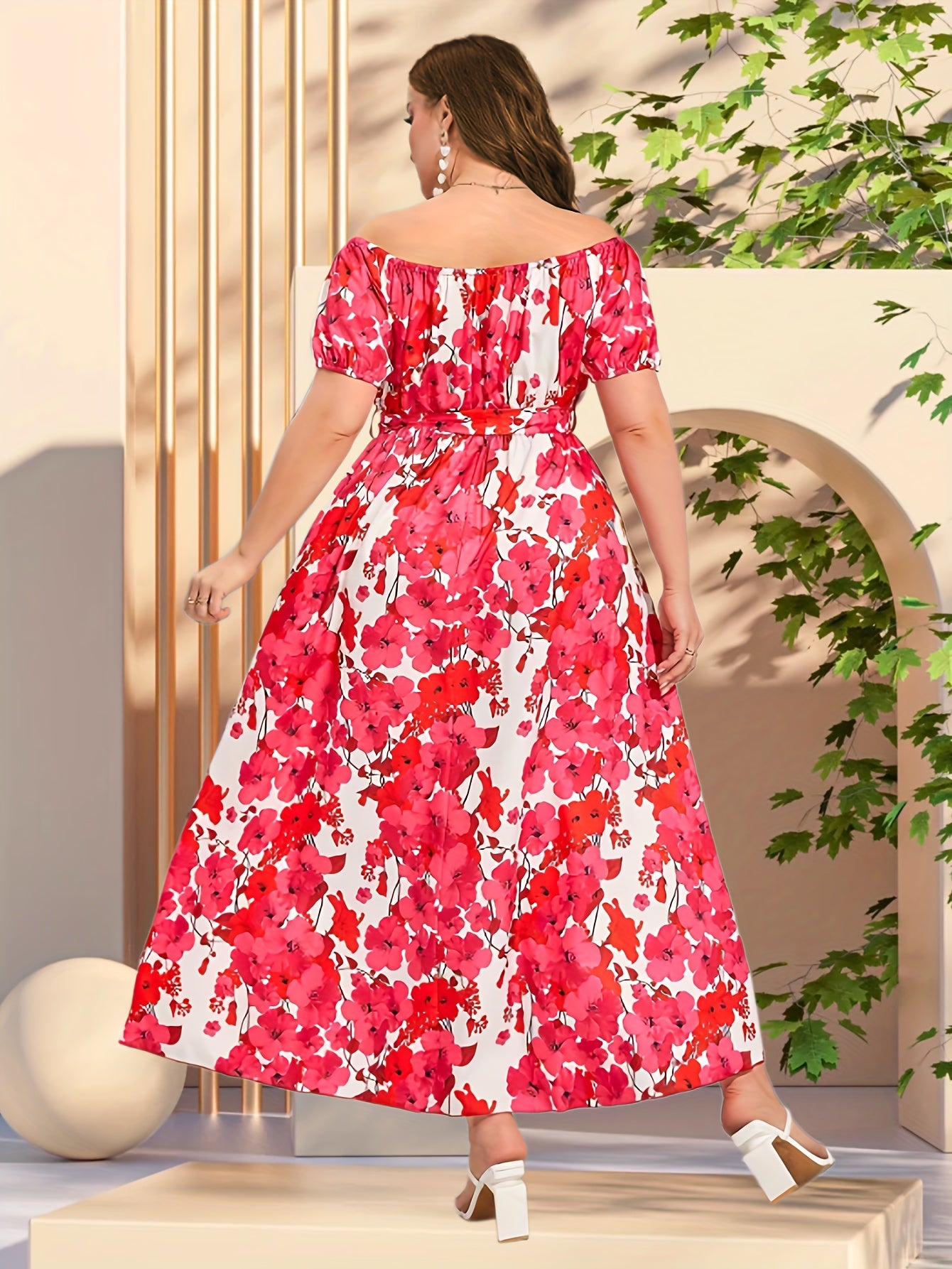 Floral Print Off Shoulder Maxi Dress With Belt