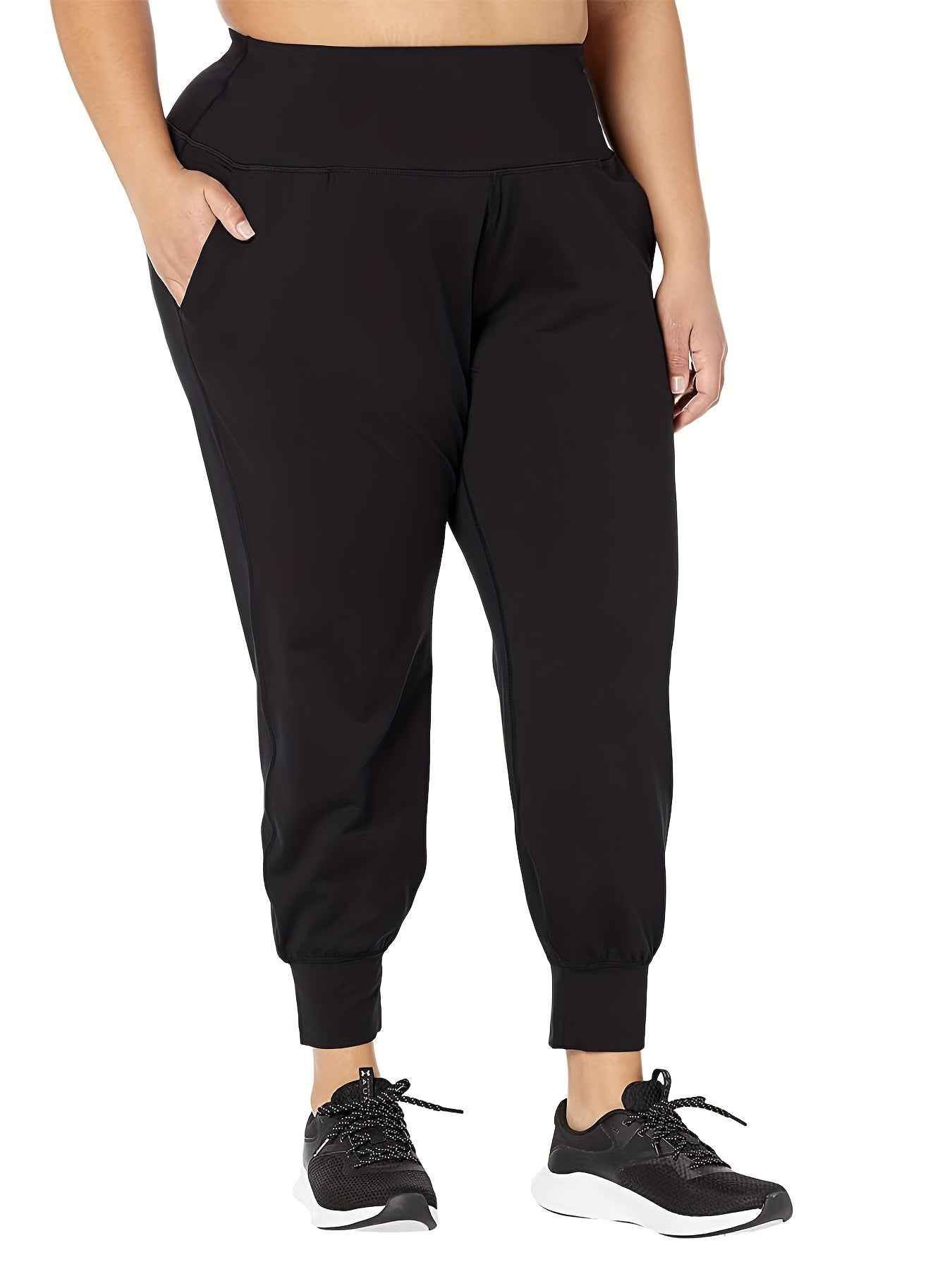  Solid Wide Band Waist High Rise Tapered Leg Pants