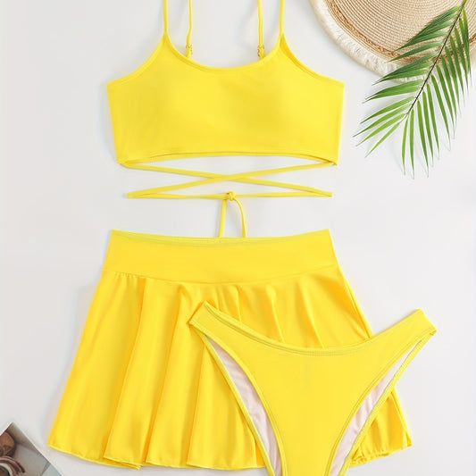 Criss Cross Tie Back 3Pc Swimsuit Yellow