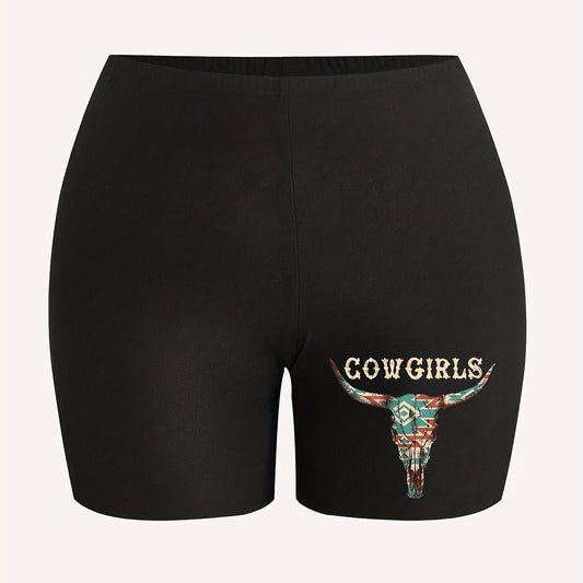 Sporty Plus Size Cow & Letter Print Slim Fit Legging Shorts