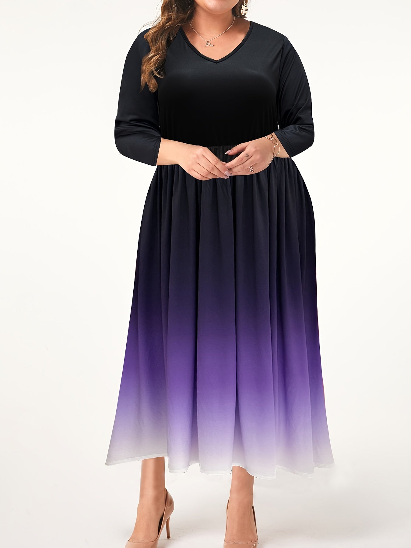  Colorblock Ombre V Neck Maxi Dress