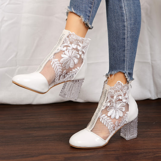 Floral Print Lace Ankle Boots High Heel Shoes