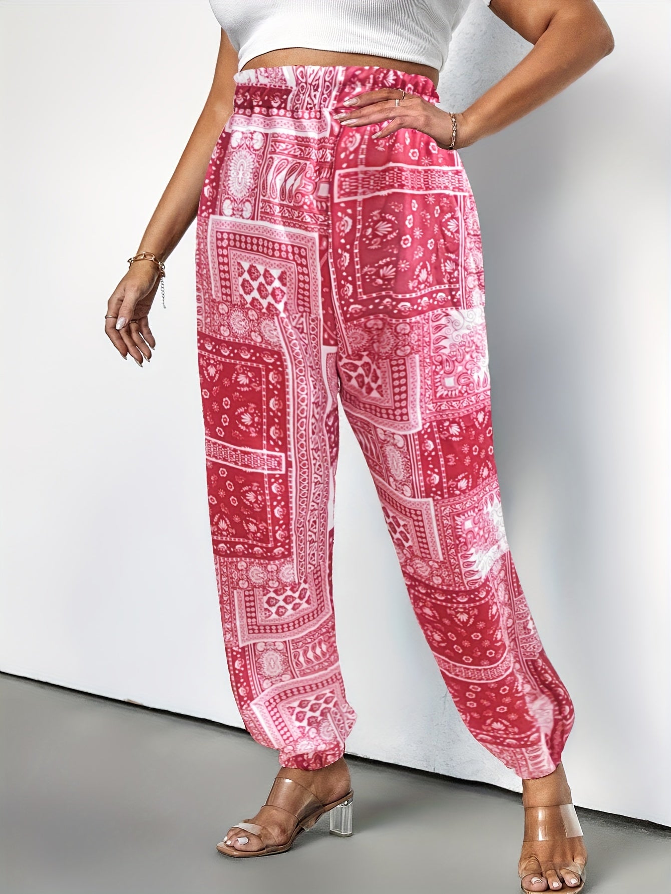  Boho Patchwork Print High Rise Trousers