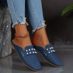 Women's Denim Flat Mules with Faux Pearl Decor