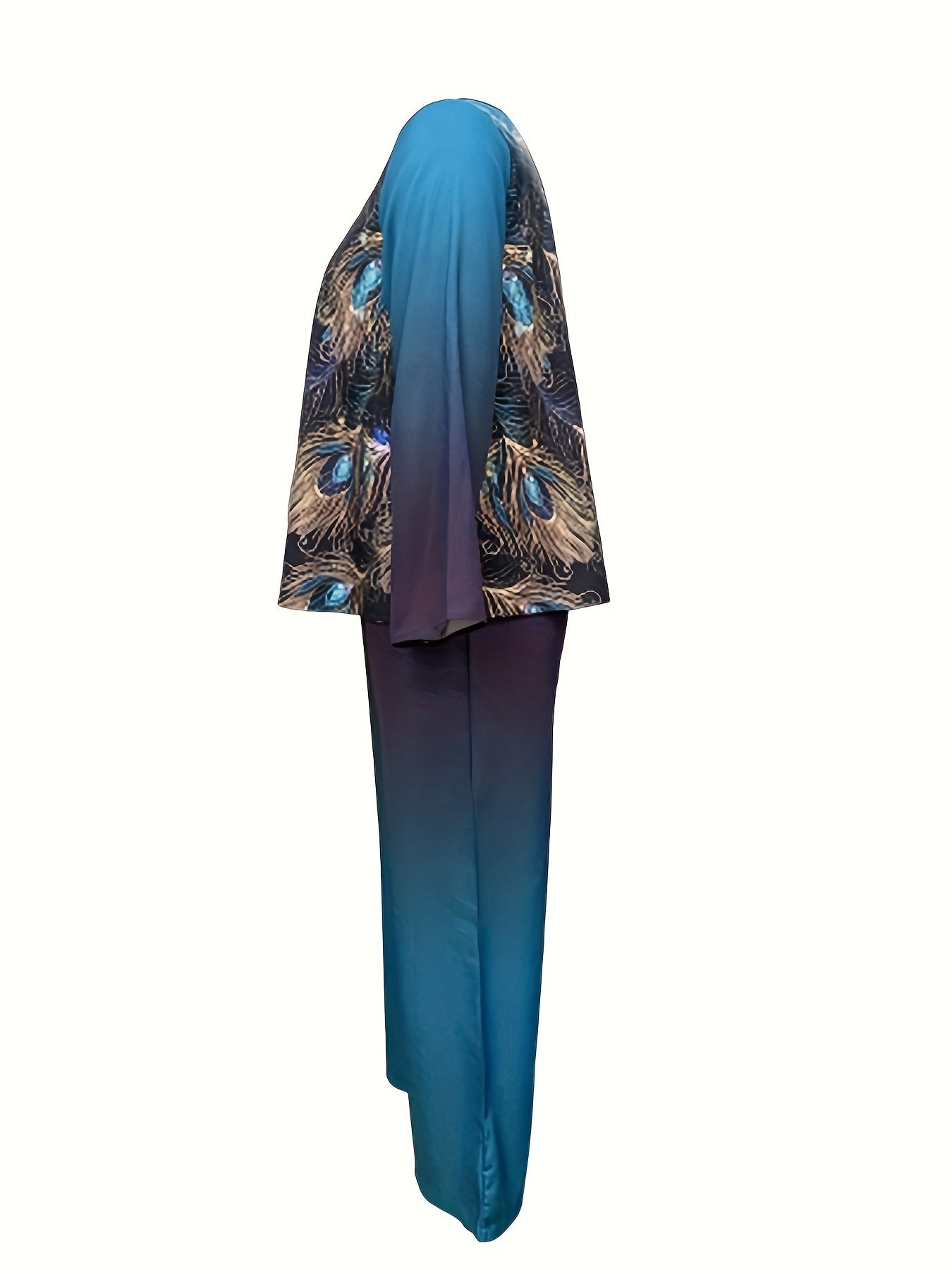 Women's Plus Peacock Print Top & Wide Leg Pants Set
