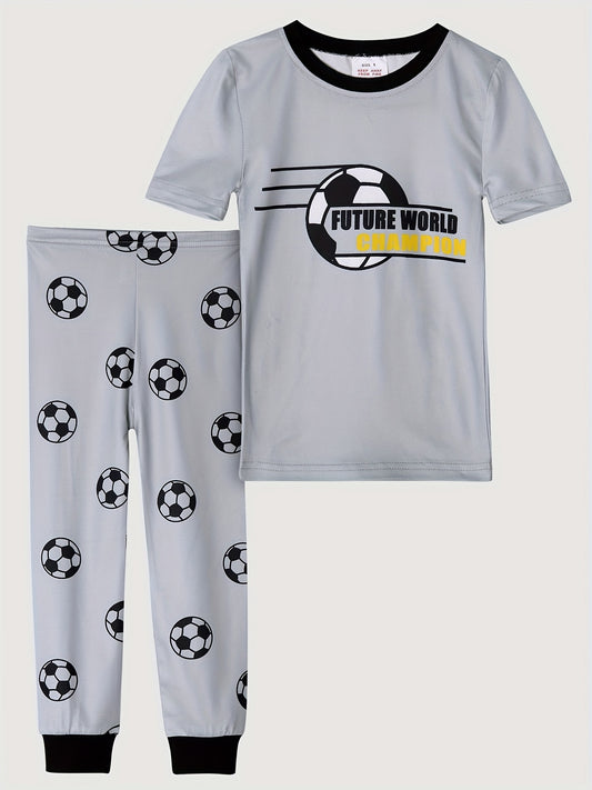 Boys Football Graphic Pajamas Set Short Sleeve Top & Trousers