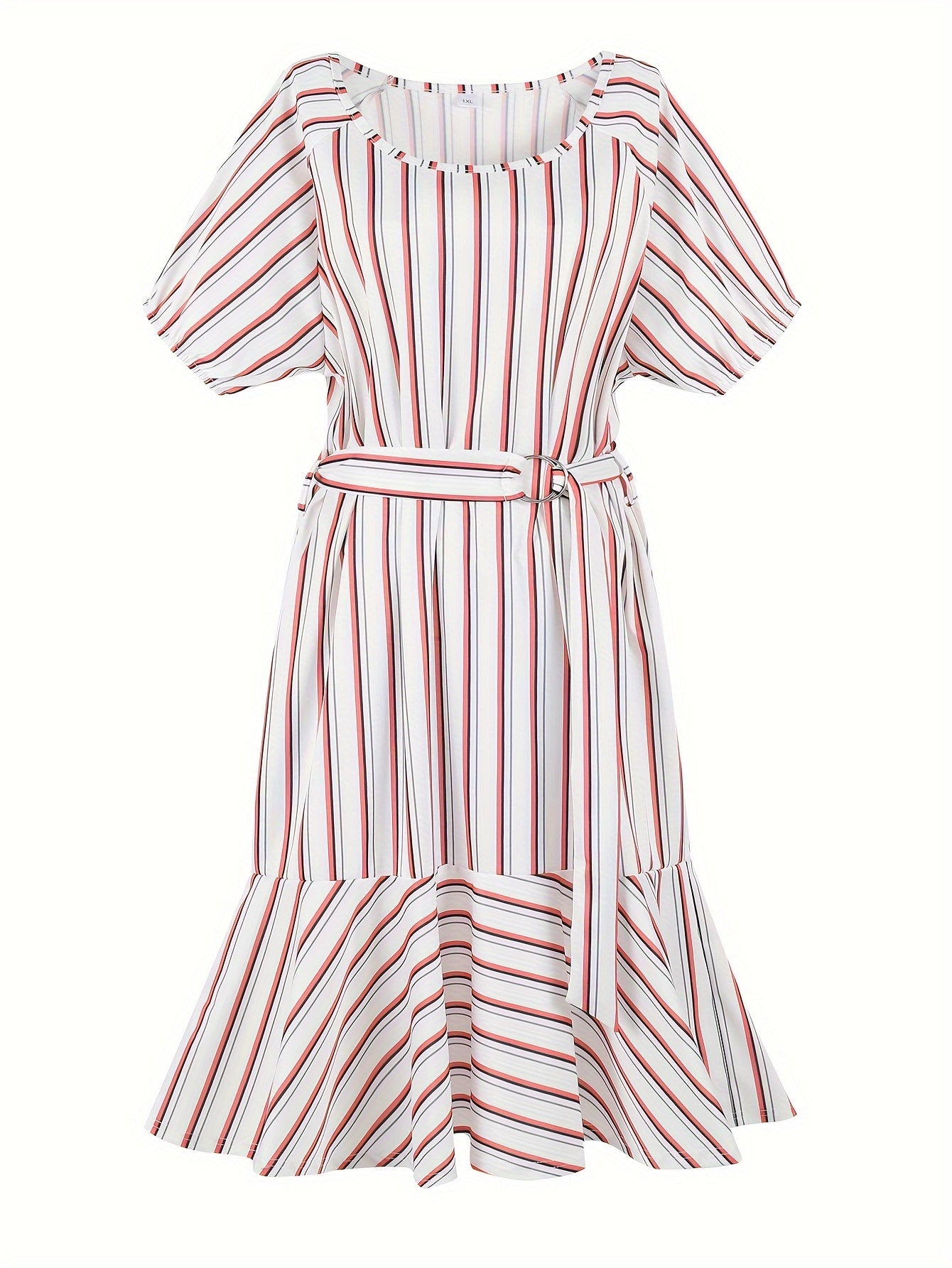  Striped Short Sleeve Midi Dress With Belt