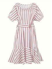  Striped Short Sleeve Midi Dress With Belt