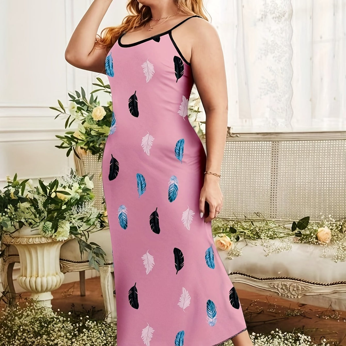 Women's Plus Feather Print Nightdress Round Neck Cami Sleep Dress