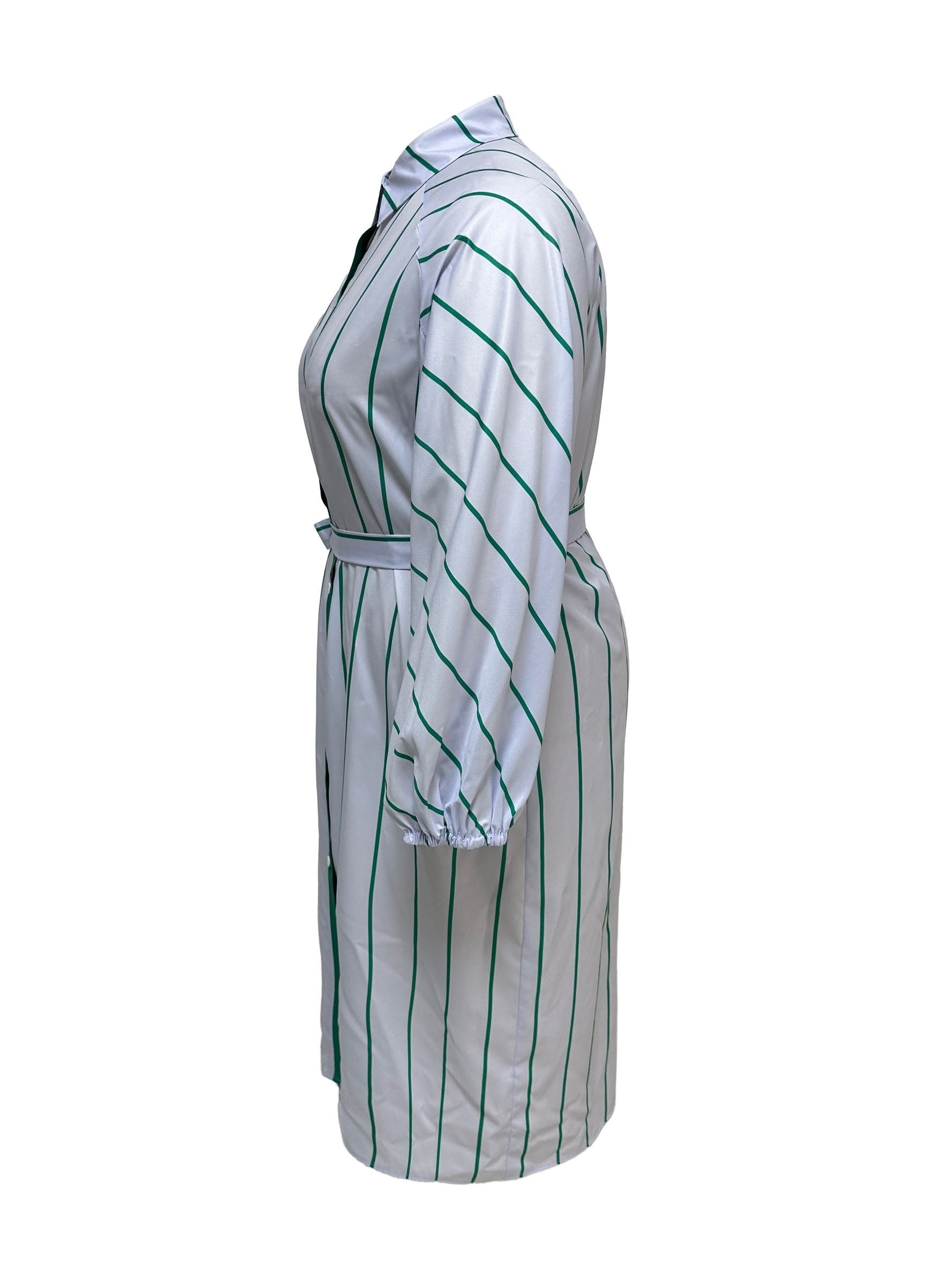 Women's Plus Stripe Print Button Up Lantern Sleeve Shirt Dress