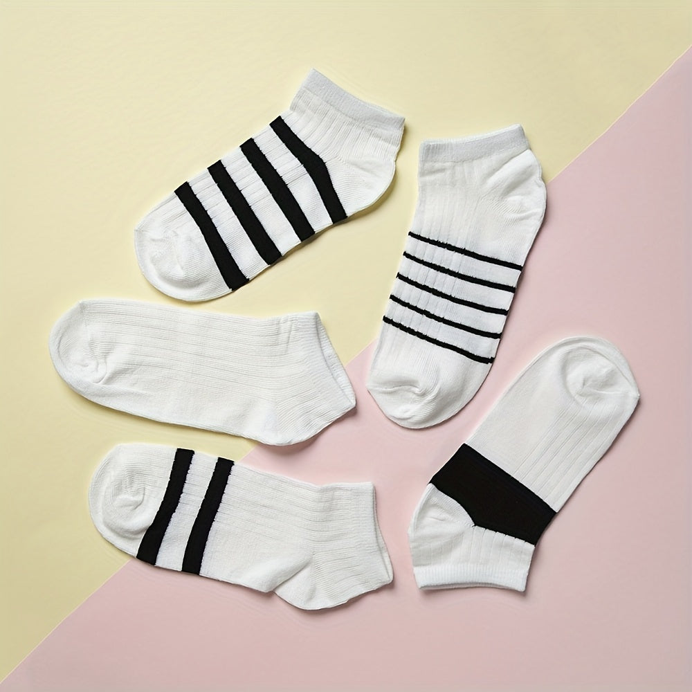5 Pairs Striped Ankle Socks Soft & Lightweight Women's Stockings