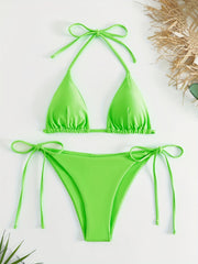 Women's Solid Halter Neck Side Knot Bikini Set Triangle Bottoms