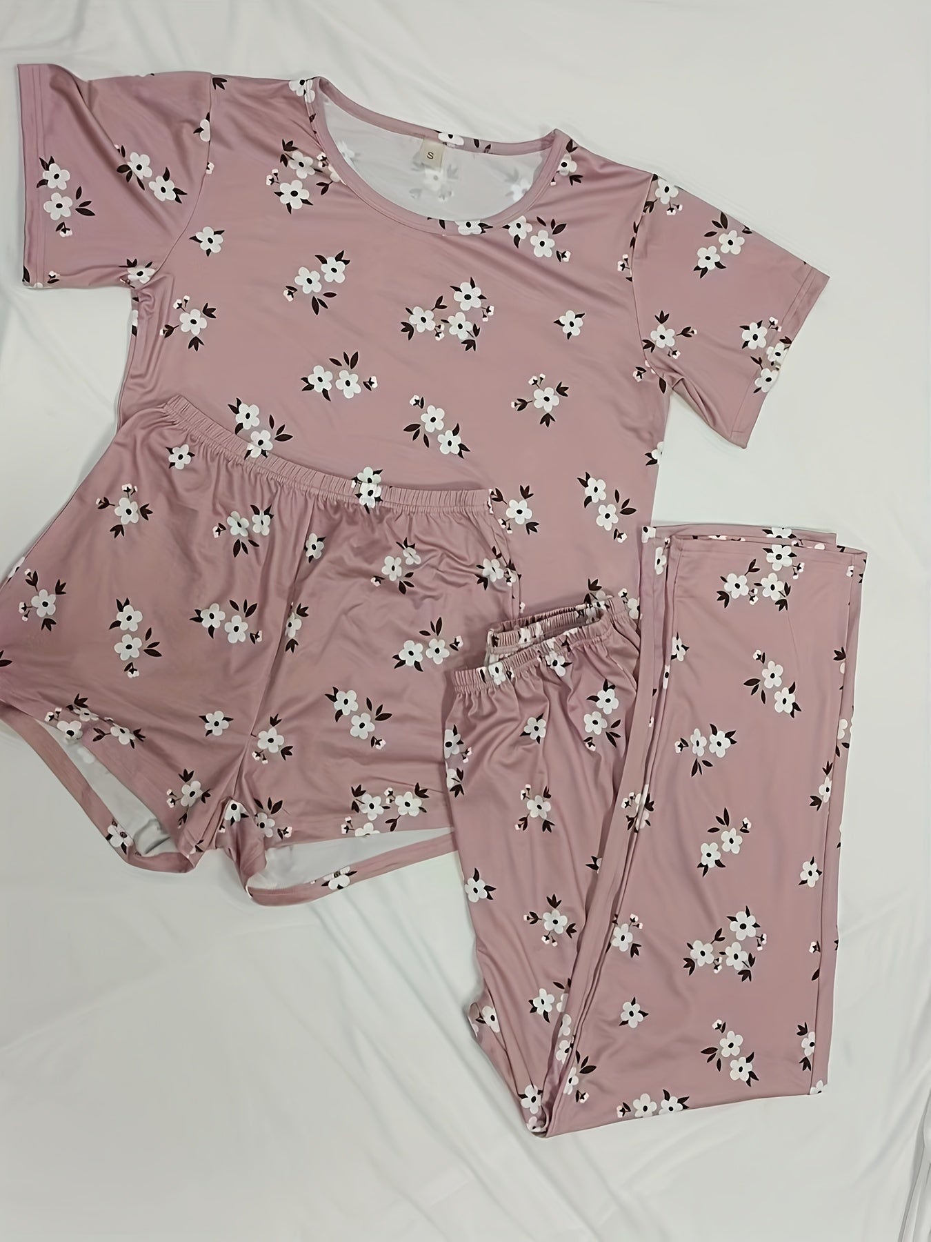 Floral Print Pajamas Set Short Sleeve Crew Neck Top & Shorts & Pants